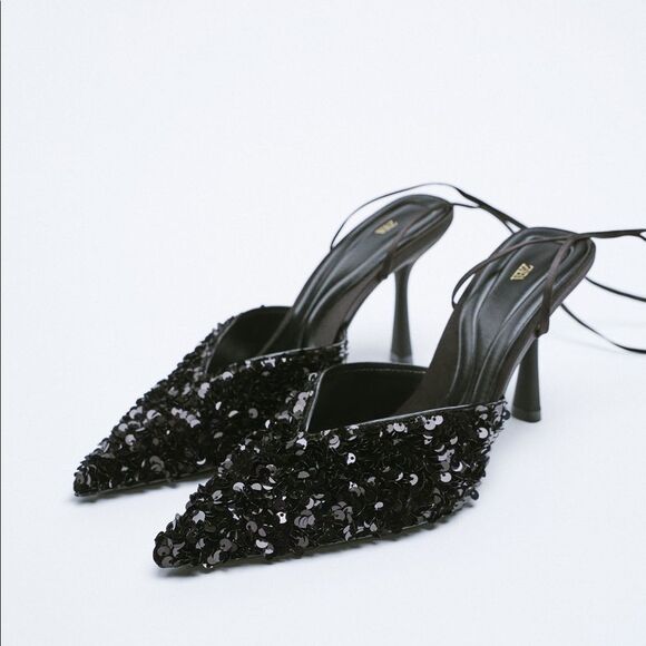ZARA SEQUIN LACE UP HEELED SHOES - Picture 4 of 7